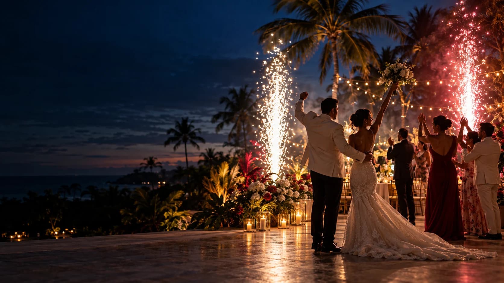 Celebración junto al mar con una pareja y efectos de chispas